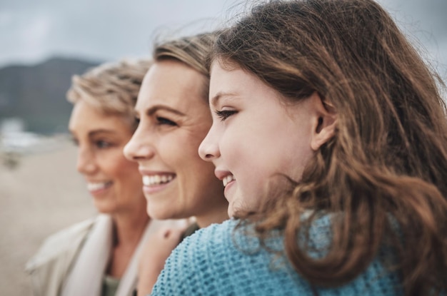 Photo face girl mother and grandma at a beach relax travel and family vacation in florida with multigenerational women happy family smile and holiday with ladies embracing and enjoy mexico ocean view