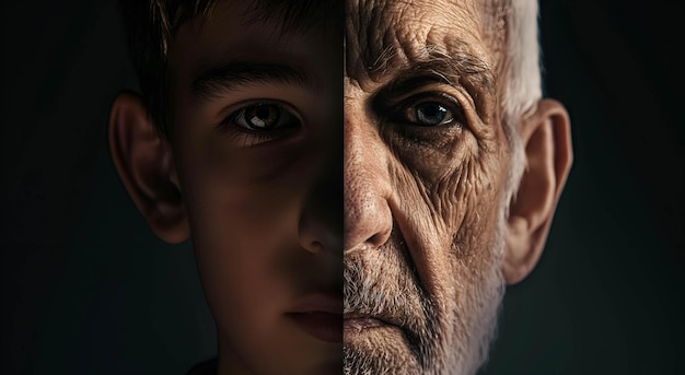 Photo the face is divided into two halves half young man and half old man childhood and old age life cycle one person at different ages the concept of life cycle