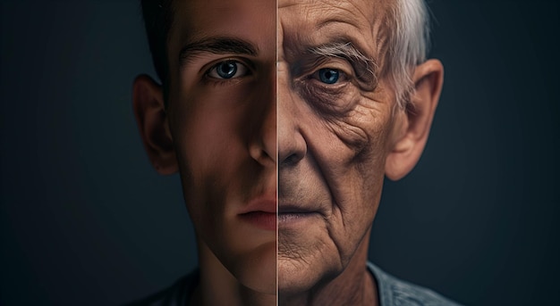 Photo the face is divided into two halves half young man and half old man childhood and old age life cycle one person at different ages the concept of life cycle