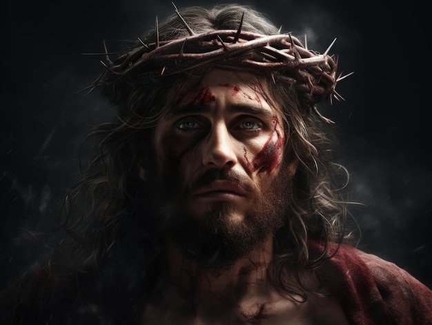 A face of jesus with a crown of thorns on his head