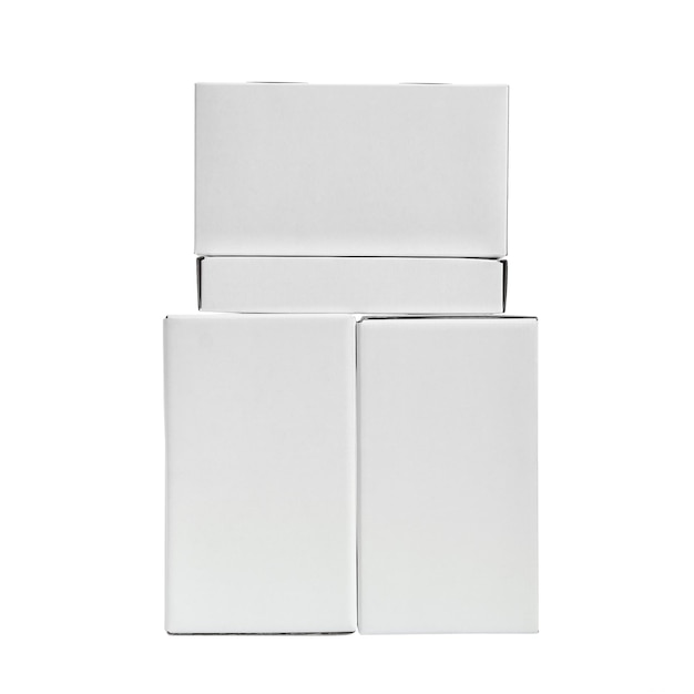 Face lined four different white boxes for packaging on white Layout of containers for goods Delivery