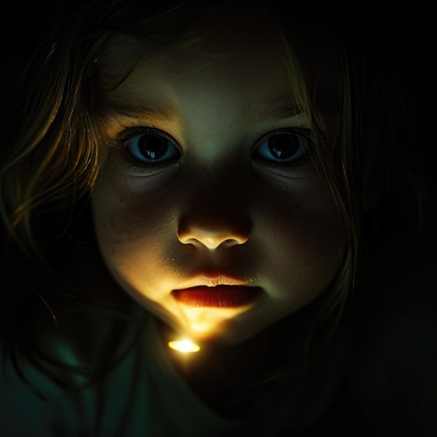 The face of a little girl in the dark with a flashlight AI generative