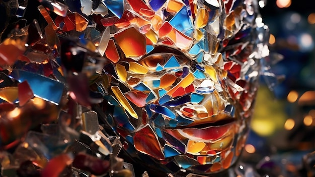 A face made of broken glass is shown.