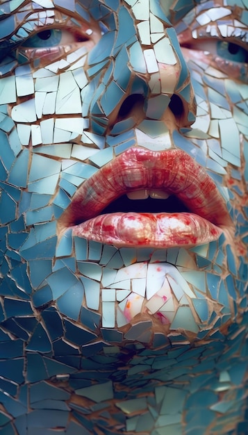 A face made of broken glass with the word love on it.