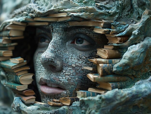 Photo a face made out of books and a face with a face drawn on it