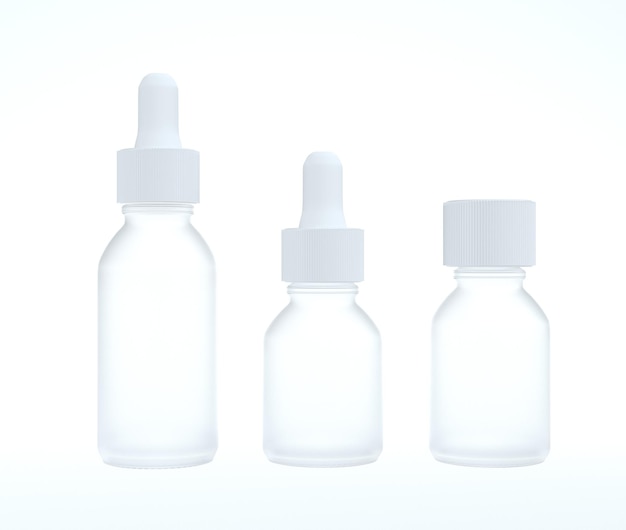 Face oil serum white frosted glass three different bottles set design ready mockup 3D render