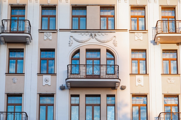 Face of pale building in sunset light