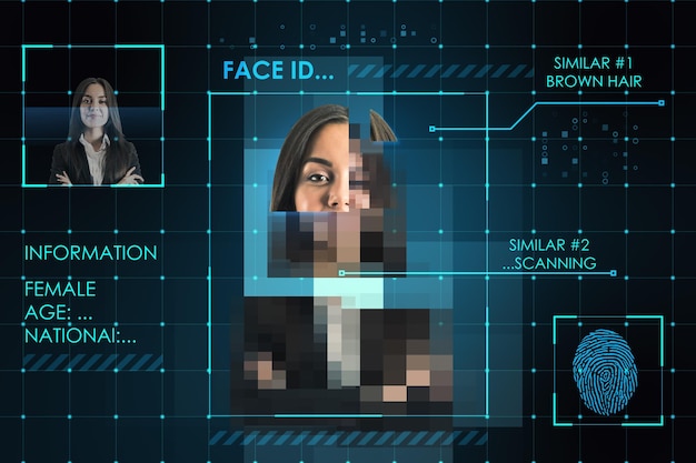 Face recognition and biometric concept with scanning process of young woman and fingerprint with personal data on abstract dark background