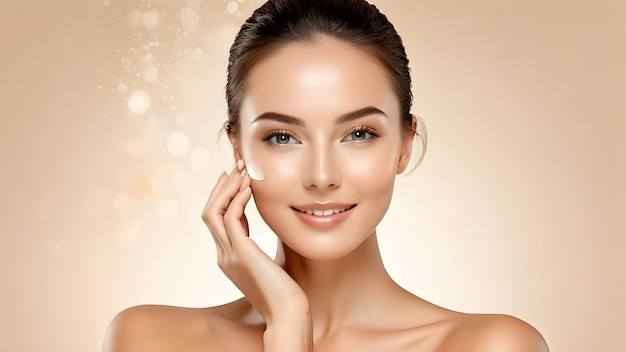 Face skincare a young beautiful woman hand on face gradient effects background