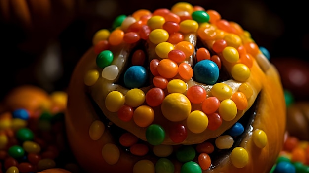 A face with many colored candies on it