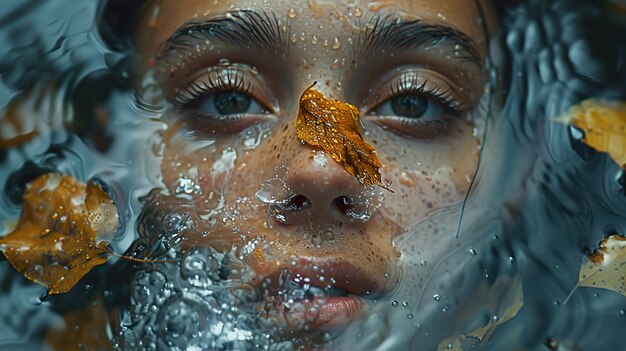 a face of a woman with water splashing around her face