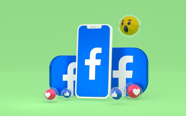 Facebook icon on screen smartphone and facebook reactions love, wow, like emoji