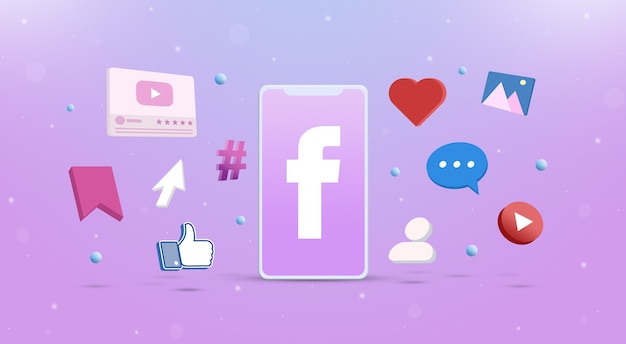 Facebook logo icon on the phone with social network icons around 3d