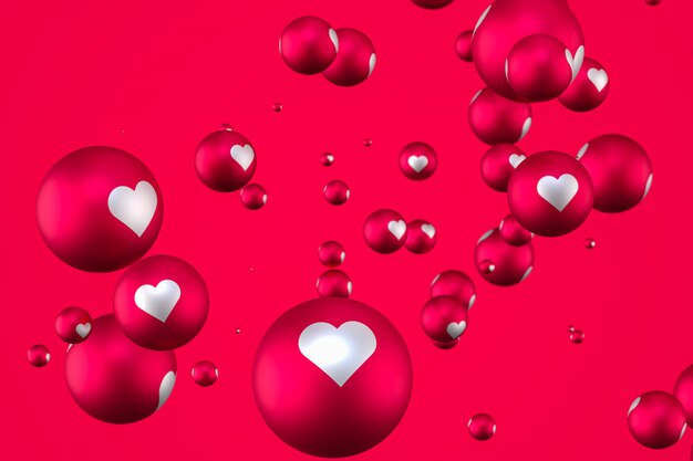 Facebook reactions heart emoji 3d render on red background,social media balloon symbol with heart,Happy Valentines Day card