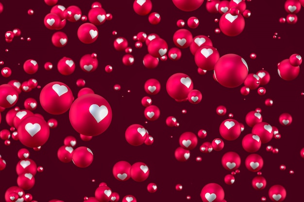 Facebook reactions heart emoji 3d render on red background, social media balloon symbol with heart