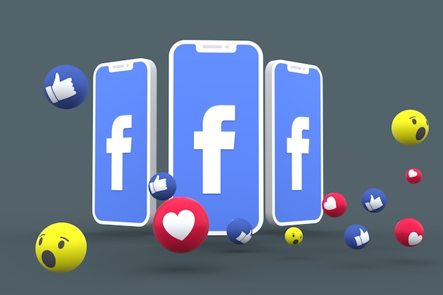 Facebook symbol on screen smartphone or mobile and facebook reactions love,wow,like emoji 3d render