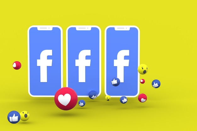 Facebook symbol on screen smartphone or mobile and facebook reactions love,wow,like emoji 3d render