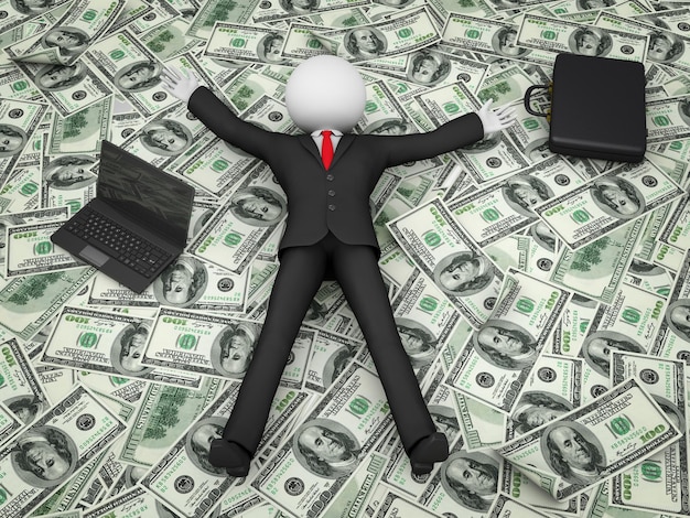 Faceless businessman in a suit lying on a pile of banknotes of dollars 3d render