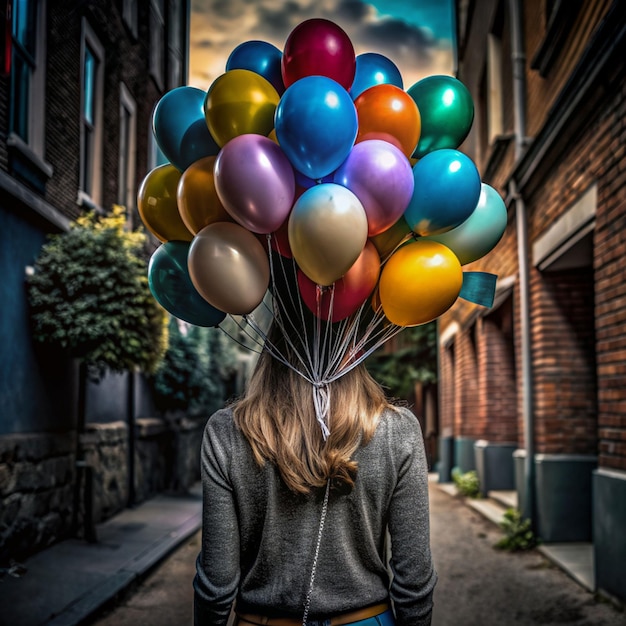 faceless female with colorful balloons