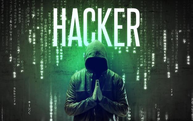 Photo faceless hacker with inscription concept