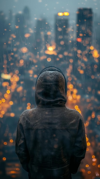 Faceless man from behind in hoodie looks at night city from roof of skyscraper