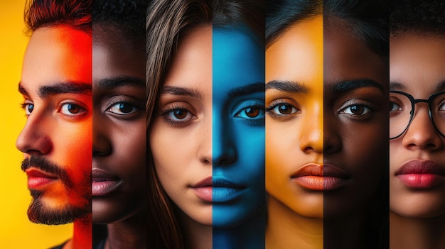 Photo faces of diverse individuals separated by a line showcase the themes of division bias and the importance of embracing differences generative ai