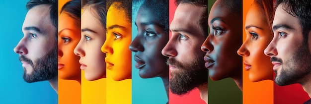 Photo faces of varying ethnicities are separated by a barrier showcasing diversity and the impact of bias through striking colors generative ai