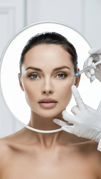 Facial care injection of botox in beautiful womans face isolated white