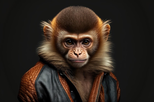 Facial portrait of cheecher monkey in leather jacket isolated on black background created with gener