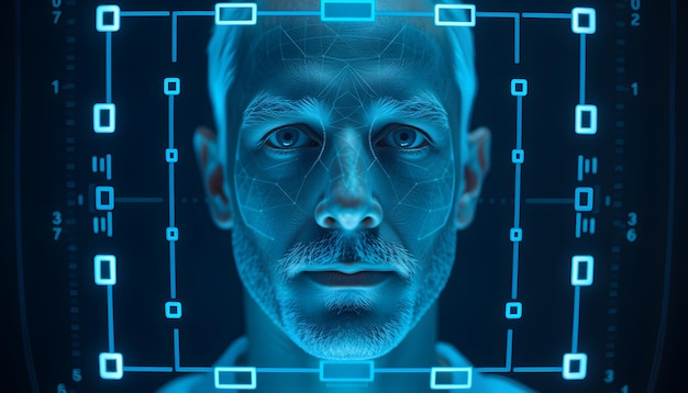 Photo facial recognition system scanning mans face for authentication isolated with white highlights