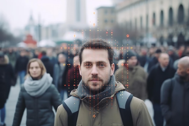 Facial recognition technology scans a crowded space detecting the face of man in crowd of people