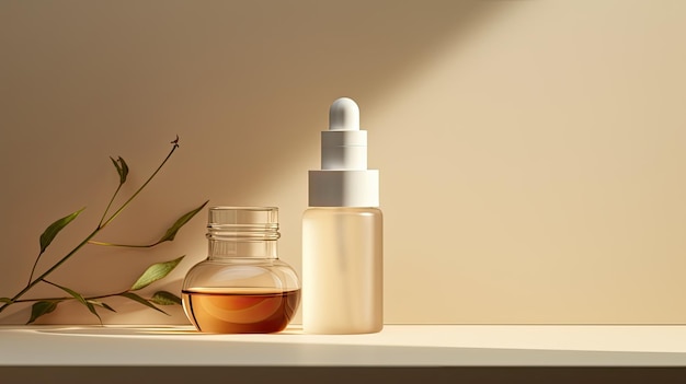 facial serum in a white light glass bottle and face cream on a beige background with ample copy space