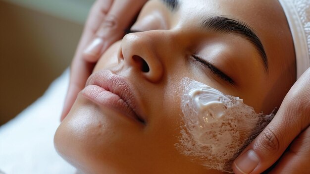 Facial Treatment for Hydrated Glowing SkinCloseup of a tranquil person receiving a hydrating facia