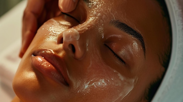 Facial Treatment for Hydrated Glowing SkinCloseup of a tranquil person receiving a hydrating facia