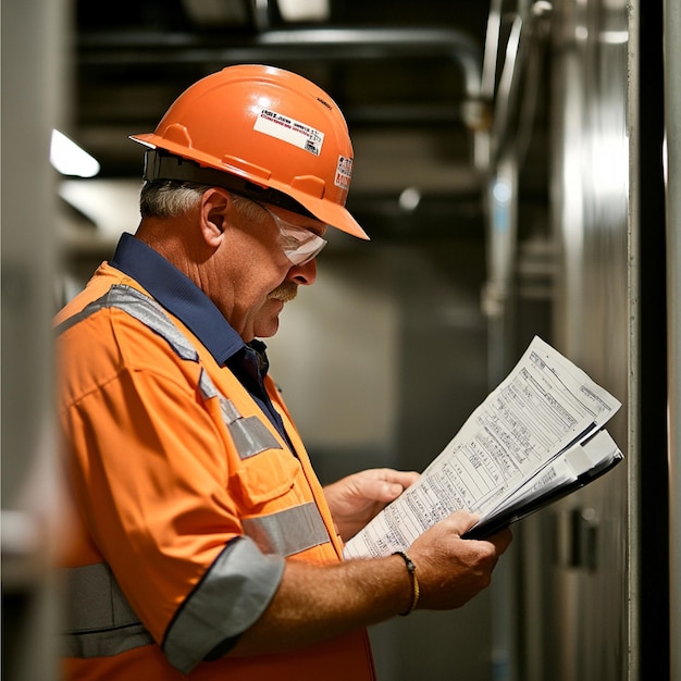 Photo a facility manager reviewing maintenance logs and schedules