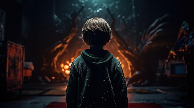 Facing Fears Brave Kid Confronts Nightmares and Imaginary Monsters Generative AI