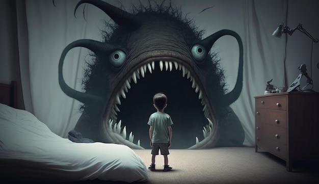 Facing Fears Brave Kid Confronts Nightmares and Imaginary Monsters Generative AI