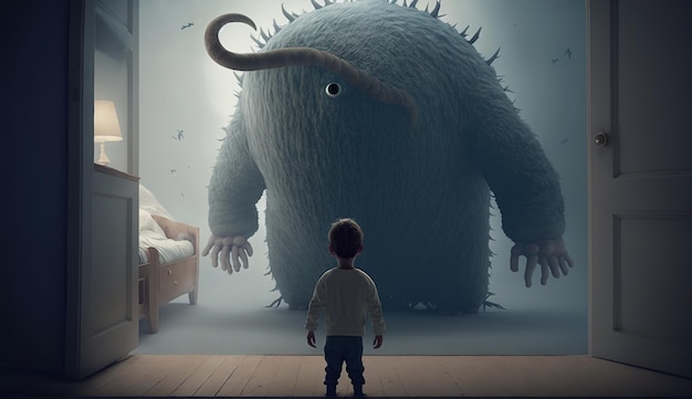 Facing Fears Brave Kid Confronts Nightmares and Imaginary Monsters Generative AI