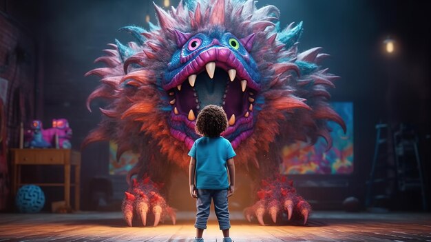 Facing Fears Brave Kid Confronts Nightmares and Imaginary Monsters Generative AI