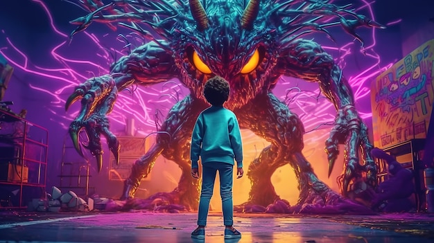 Facing Fears Brave Kid Confronts Nightmares and Imaginary Monsters Generative AI