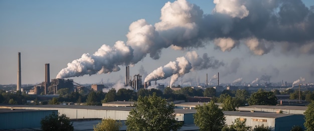 Photo factories releasing smoke symbolizing greenhouse gas emissions and pollution