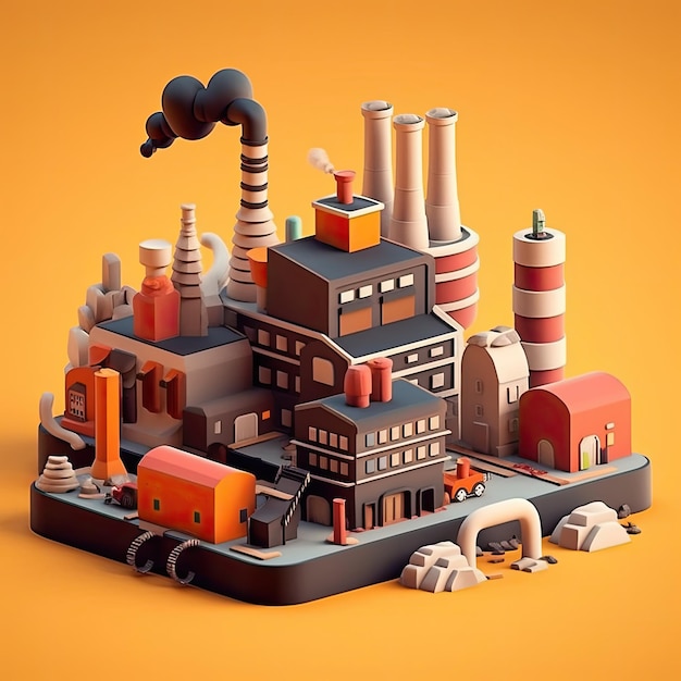 Factory 3d cartoon illustration Generative AI Factory building pipe smoke