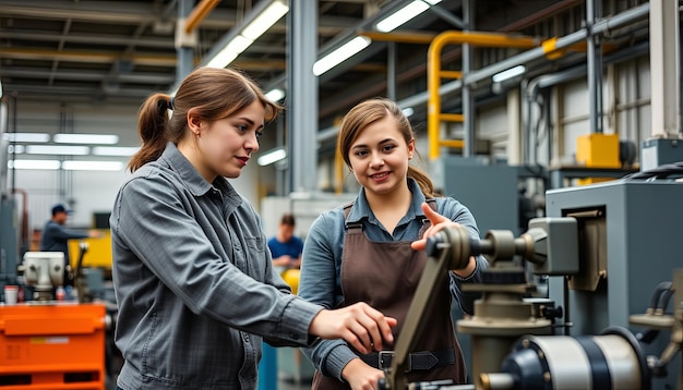 Photo factory apprenticeship man mentor teaching female employees trainee operating machine looking monitors and check production process machinery foreman explaining woman engineer control machine