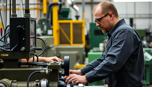 Photo factory apprenticeship man mentor teaching female employees trainee operating machine looking monitors and check production process machinery foreman explaining woman engineer control machine