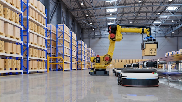 Factory Automation with AGV and robotic arm in transportation to increase transport more with safety