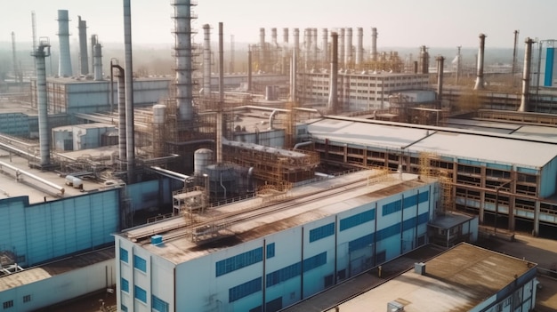 A factory building with a blue building in the background