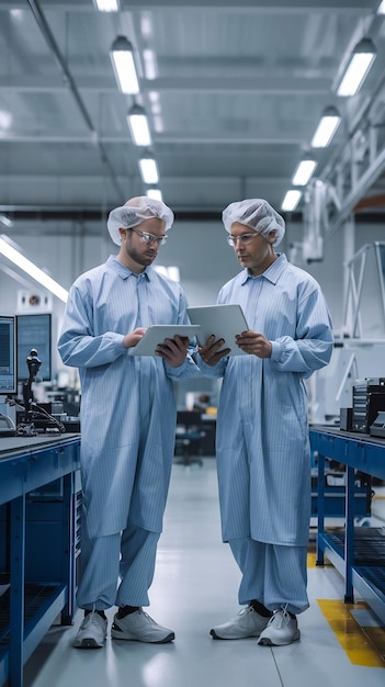 Photo factory cleanroom engineer and scientist wearing coveralls standing in workshop talk and use tabl