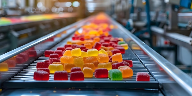 Factory conveyor belt produces and packages a variety of delicious candies Concept Factory Operations Candy Production Confectionery Packaging Conveyor Belt System Delicious Treats