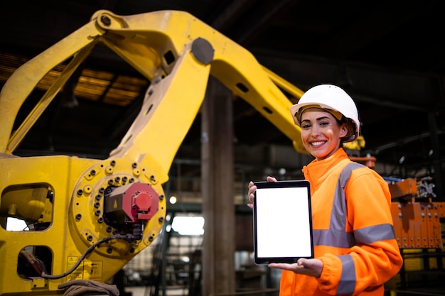 factory engineer holding tablet computer and standing by the industrial robotic manufacture machine