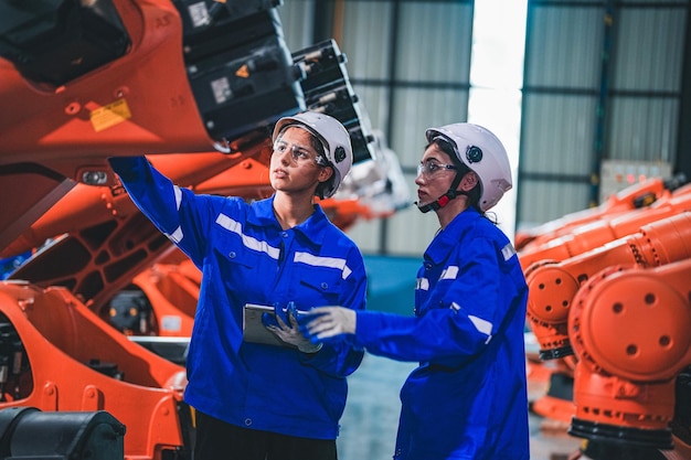 Factory engineer woman inspecting on machine with smart tablet Worker works at machine robot arm